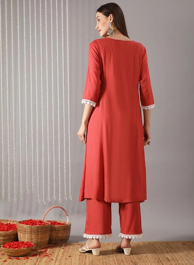 globus Women Pink Round Neck Embroidered Kurta with Pants Set